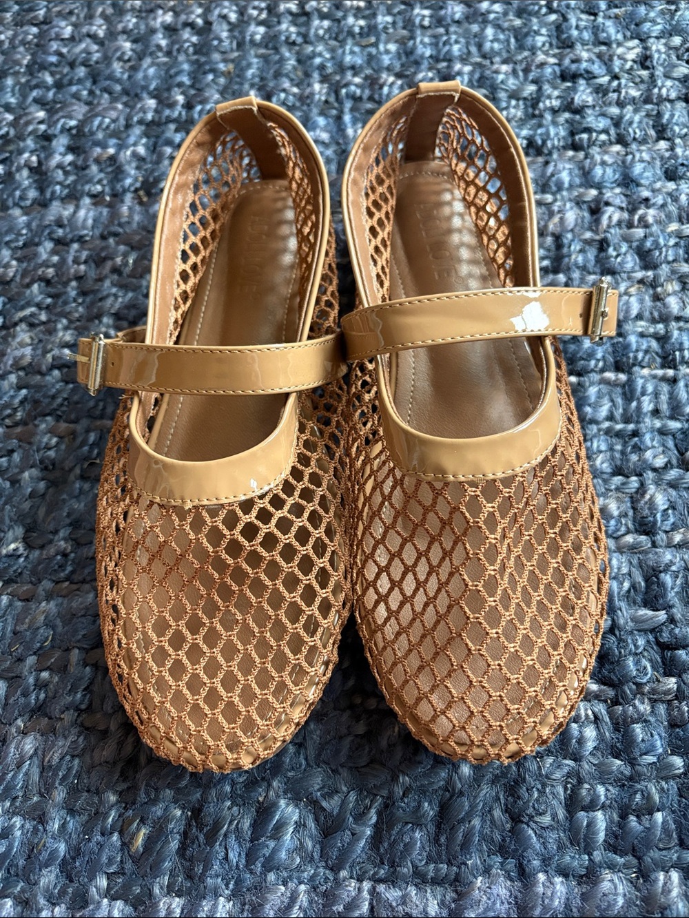 Womens Tan Mesh Mary Jane Flats